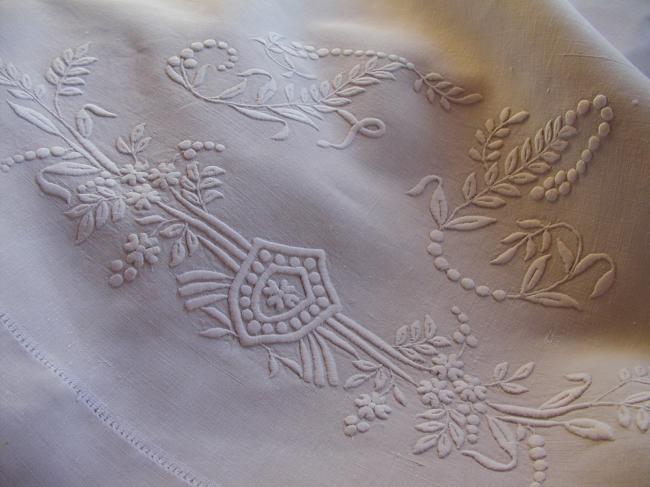 Lovely heavy linen sheet with huge wild flowers and wheat monogram FC