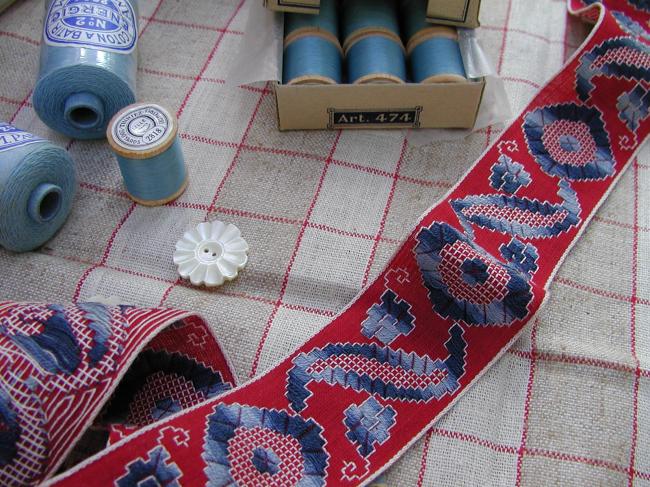 Superbe ancien ruban en coton tissé de boteh et losanges 1920  (40mm)