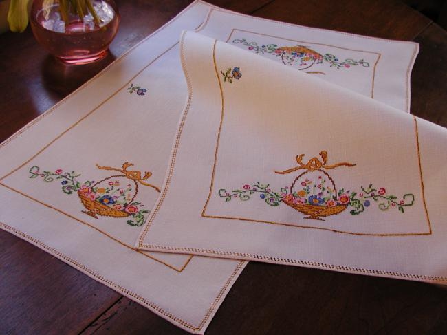 Gorgeous pair of top dresser with baskets of flowers, in cross stitches