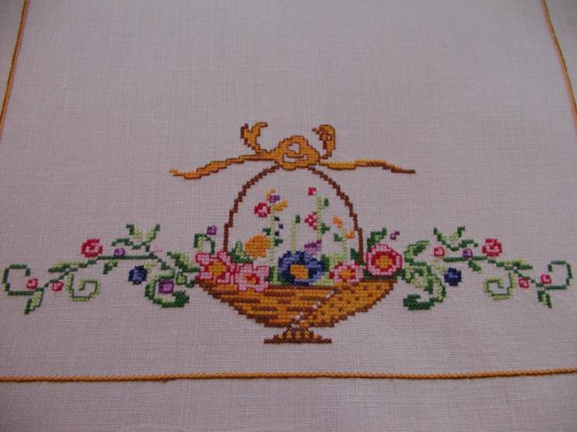 Gorgeous pair of top dresser with baskets of flowers, in cross stitches