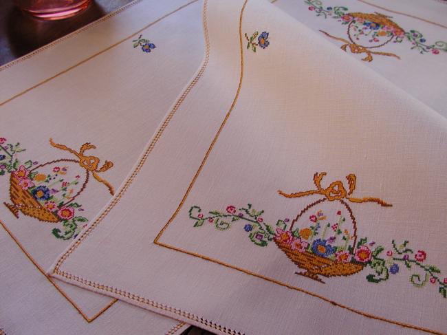 Gorgeous pair of top dresser with baskets of flowers, in cross stitches