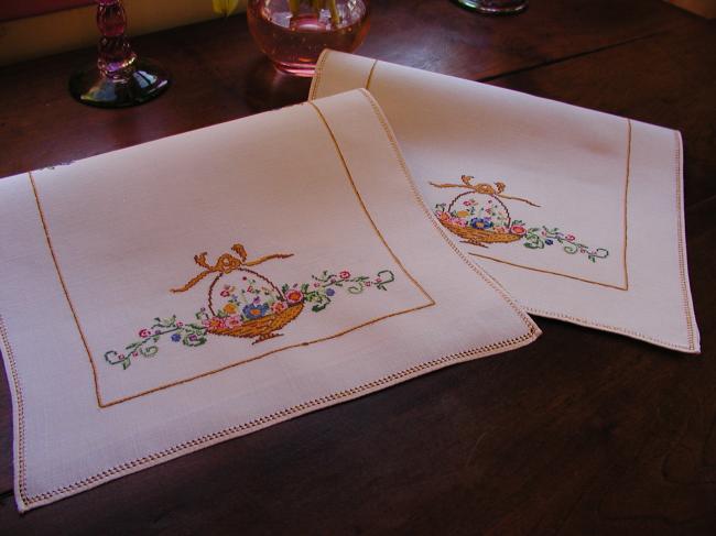 Gorgeous pair of top dresser with baskets of flowers, in cross stitches