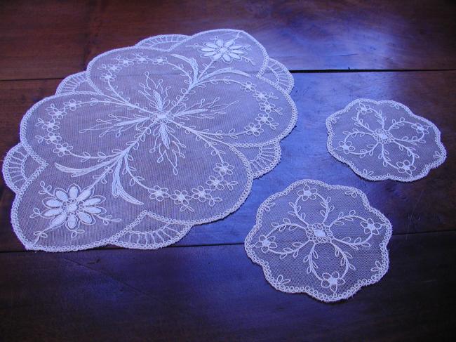 Gorgeous set of 3 pieces of  tambour embroidered net