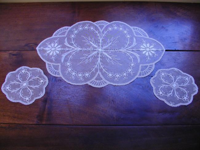 Gorgeous set of 3 pieces of  tambour embroidered net