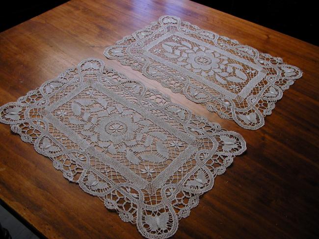 Gorgeous pair of trolley mats made in Cluny lace, with butterflies