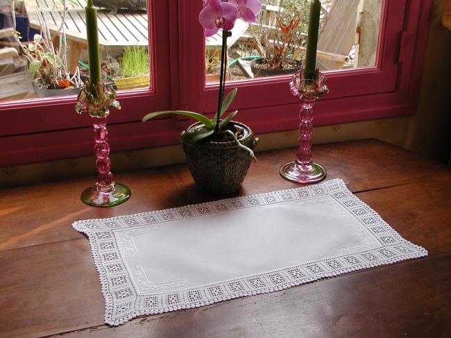 Lovely tray mat with white works and crochet lace edging 1900
