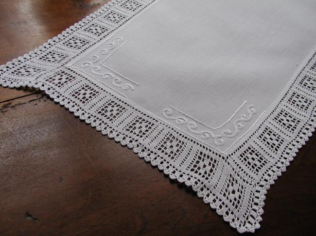 Lovely tray mat with white works and crochet lace edging 1900