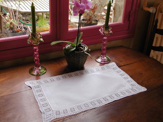 Lovely tray mat with white works and crochet lace edging 1900