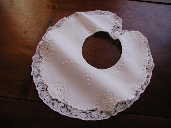 Gorgeous large double bib with Richelieu embroidery and Valenciennes lace