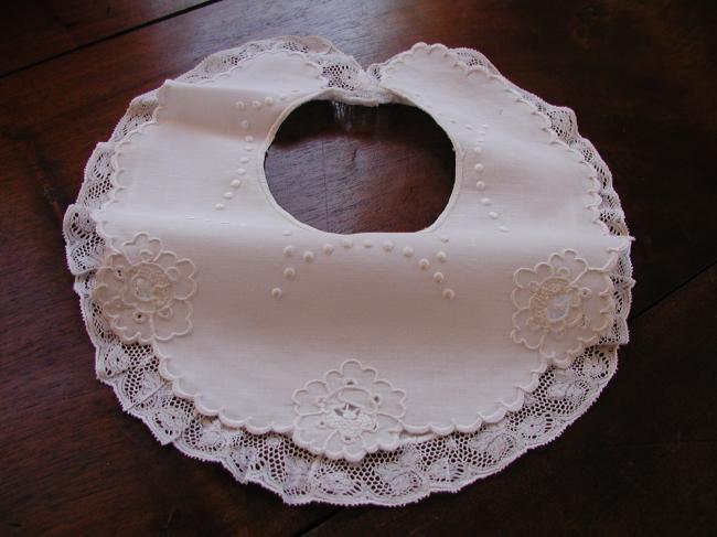 Gorgeous large double bib with Richelieu embroidery and Valenciennes lace