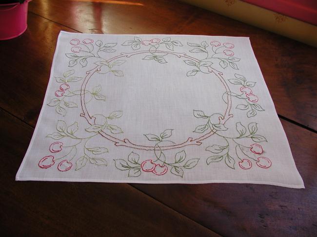 Lovely embroidered cherries squared table centre