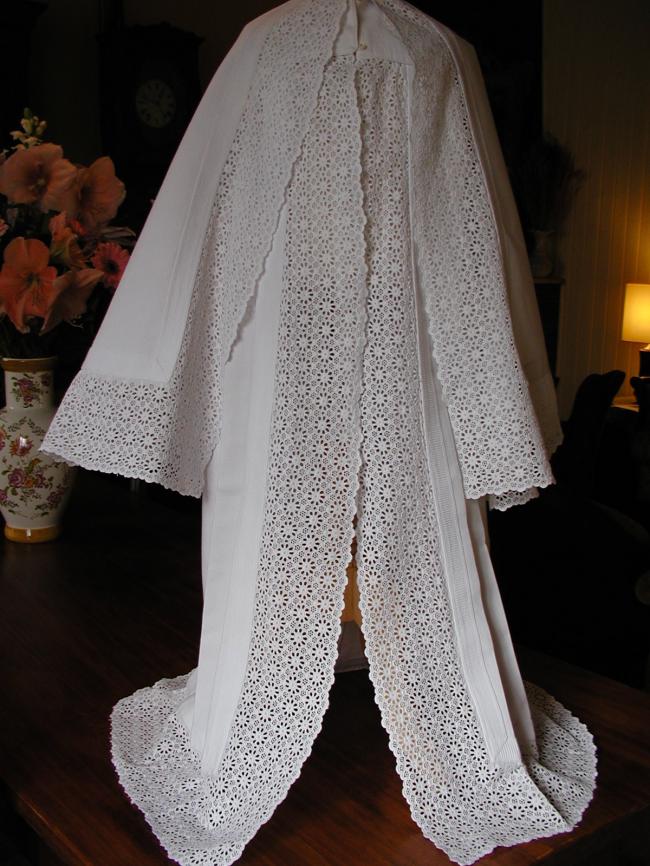 Exceptional Christening gown and cape with handmade  broderie anglaise lace 19th