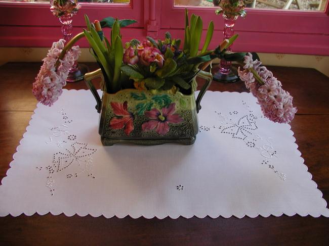 Gorgeous trolley mat or chest topper with embroidered butterflies 1920