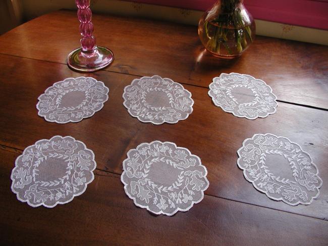 So charming set of 6 oval coasters in tambour embroidered net
