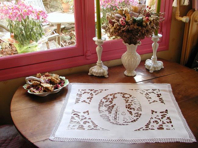 Superb table centre with handmade Richelieu works and picot lace edging
