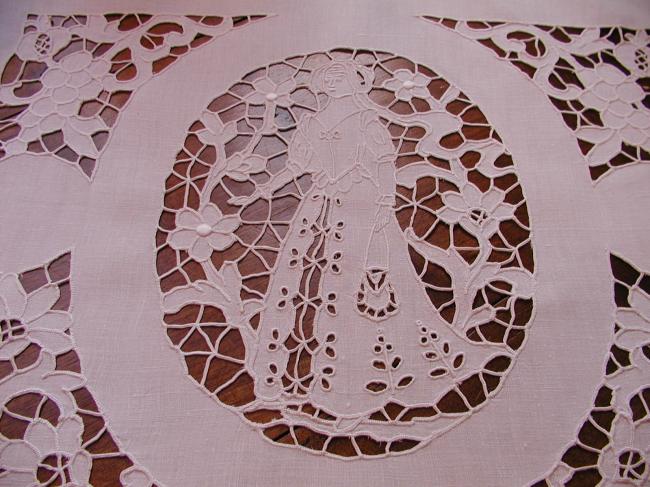 Superb table centre with handmade Richelieu works and picot lace edging