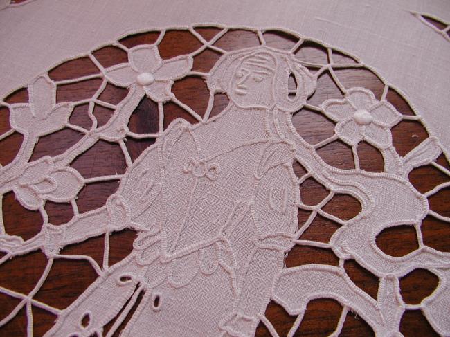 Superb table centre with handmade Richelieu works and picot lace edging