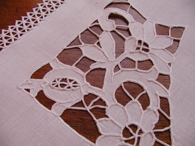 Superb table centre with handmade Richelieu works and picot lace edging