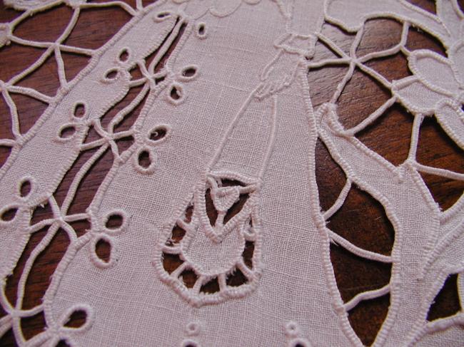 Superb table centre with handmade Richelieu works and picot lace edging