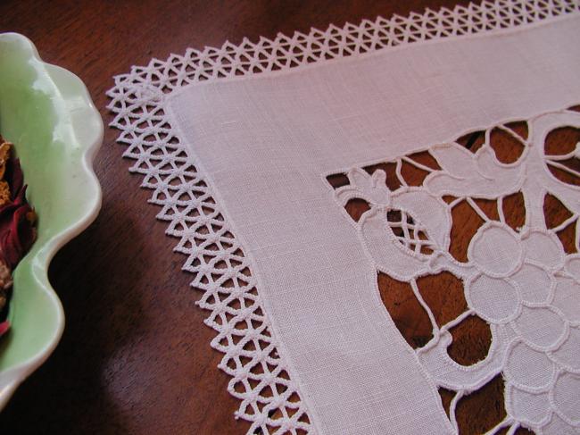 Superb table centre with handmade Richelieu works and picot lace edging
