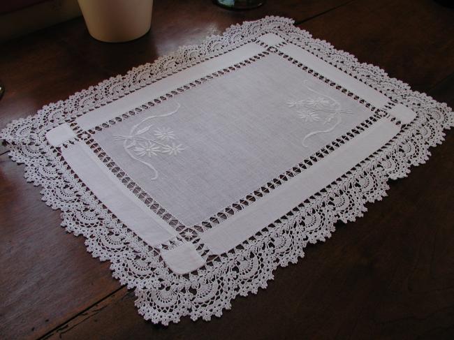 Such a gorgeous tray cloth with white embroidery, guipure lace and drawn thread
