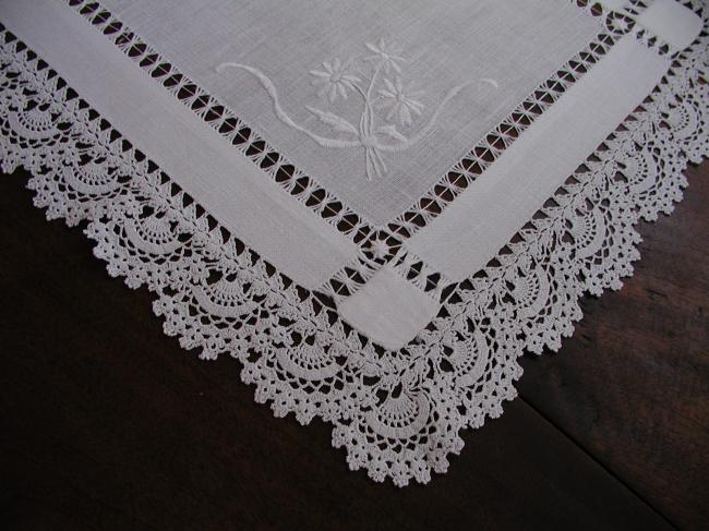 Such a gorgeous tray cloth with white embroidery, guipure lace and drawn thread