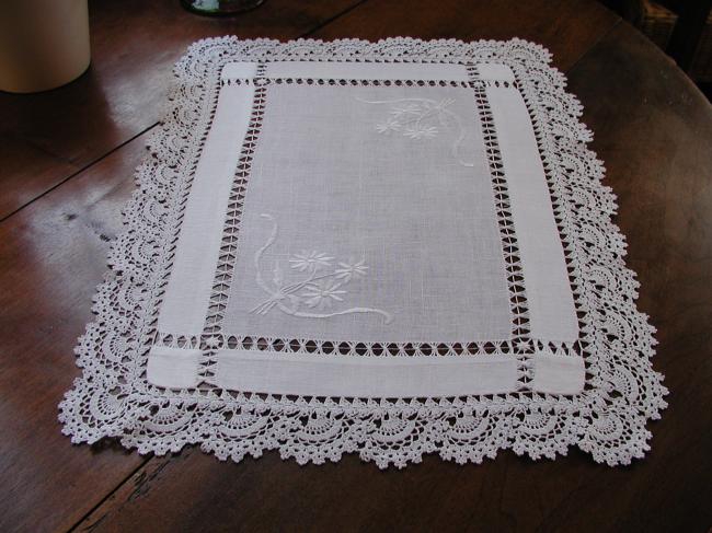 Such a gorgeous tray cloth with white embroidery, guipure lace and drawn thread