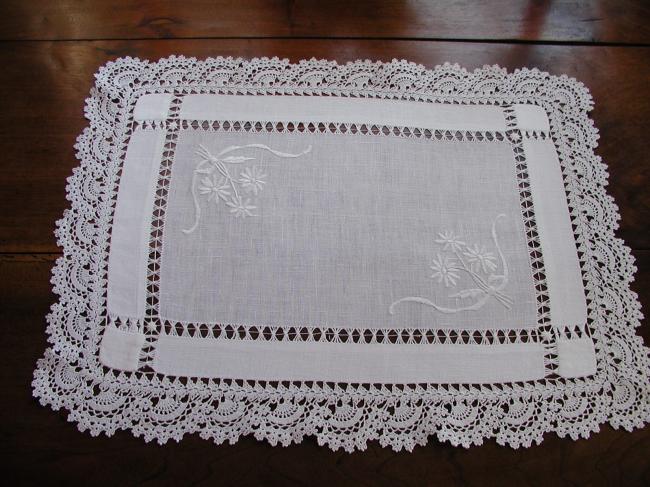 Such a gorgeous tray cloth with white embroidery, guipure lace and drawn thread