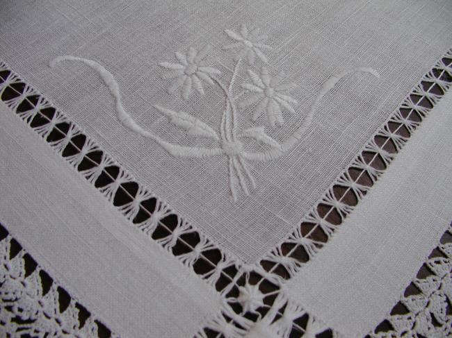 Such a gorgeous tray cloth with white embroidery, guipure lace and drawn thread