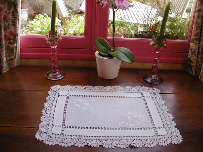 Such a gorgeous tray cloth with white embroidery, guipure lace and drawn thread